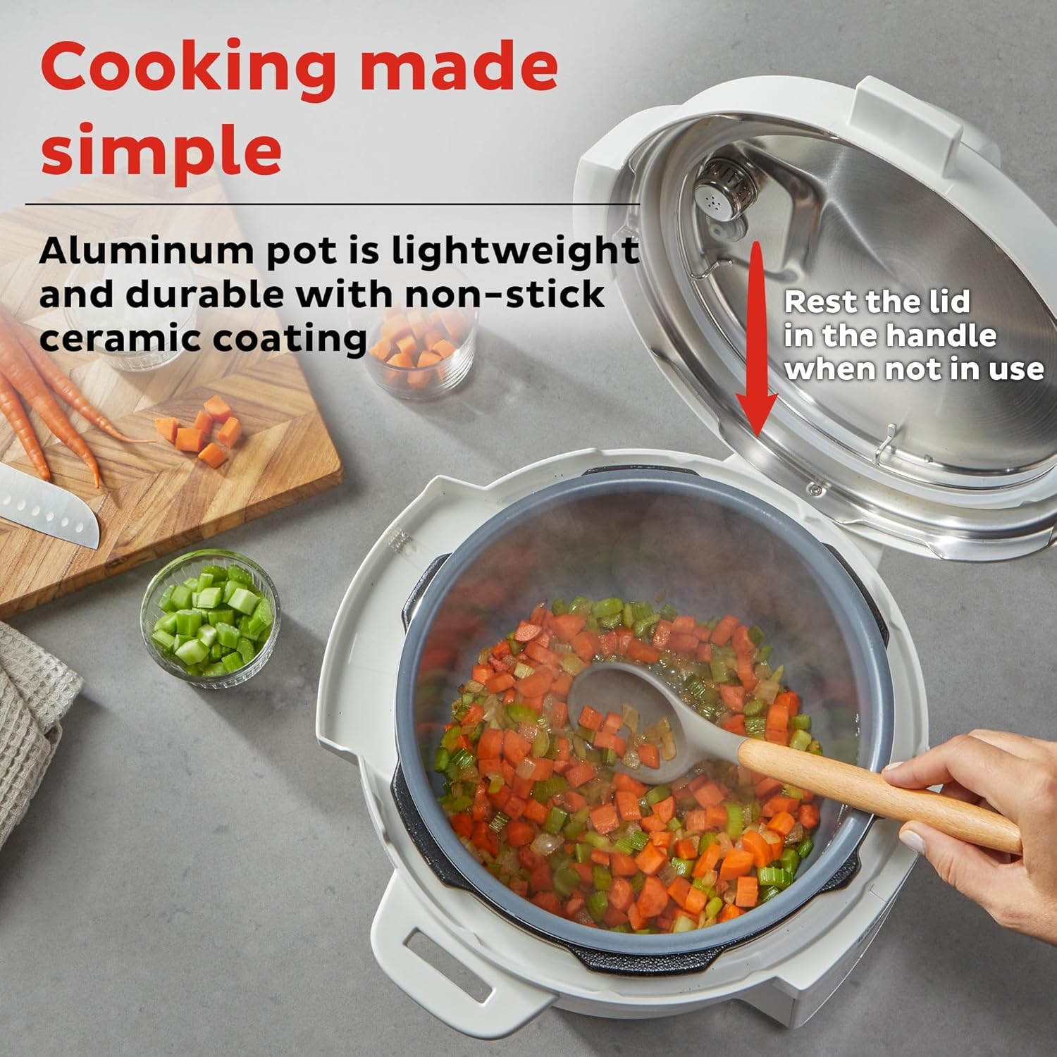 6Qt RIO Chef Series 7-in-1 Multi-Cooker, Pressure Cooker, Slow Cook, & More, Sea Salt - The Non-stick Ceramic-coated Aluminum Pot And Dishwasher-safe Lid Make Washing Up Effortless