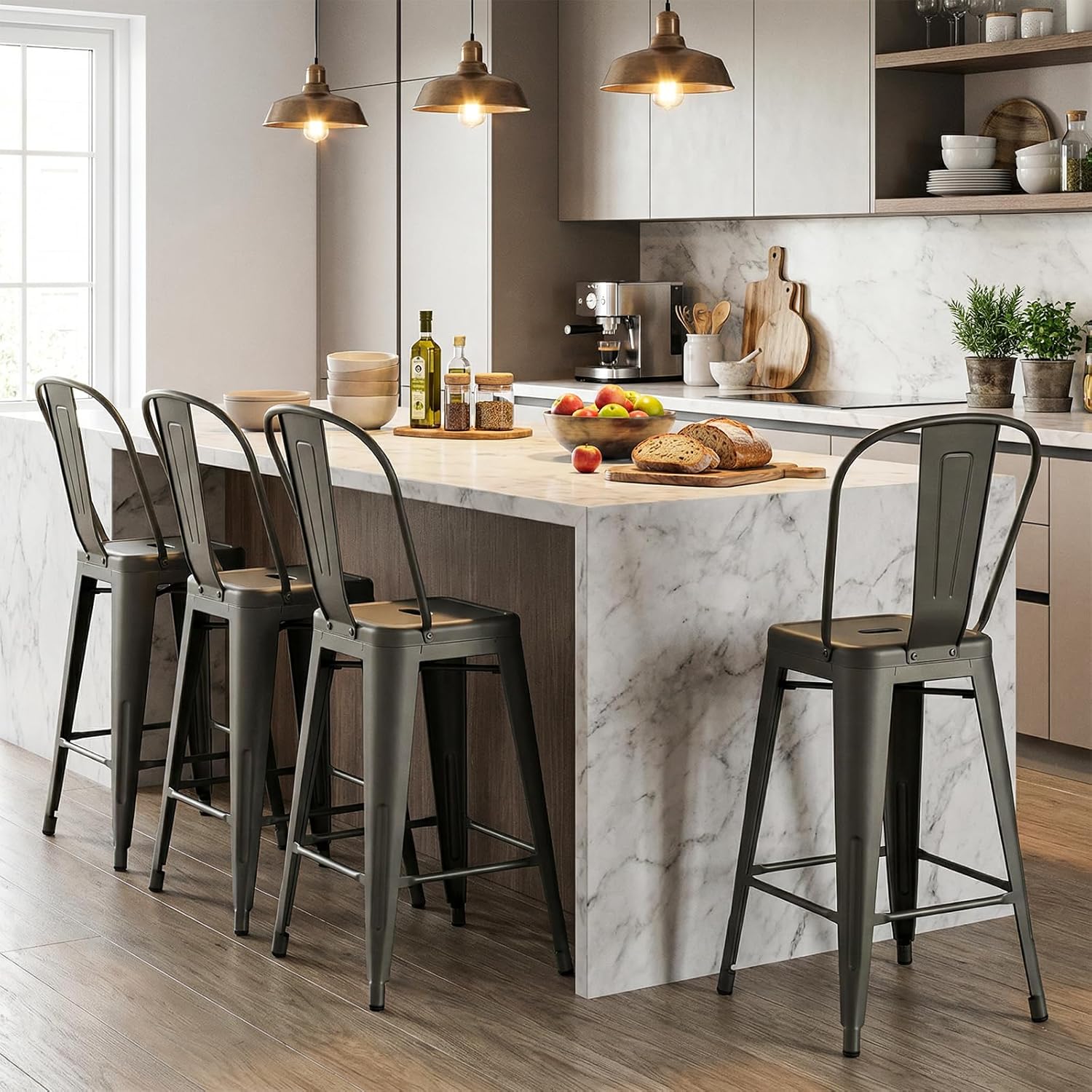 COSTWAY 24'' Metal Bar stools Set of 4, Counter Height Stools with Removable Back and Rubber Feet, Stylish and Modern Chairs, for Kitchen, Dining Rooms, and Side Bar, Gun