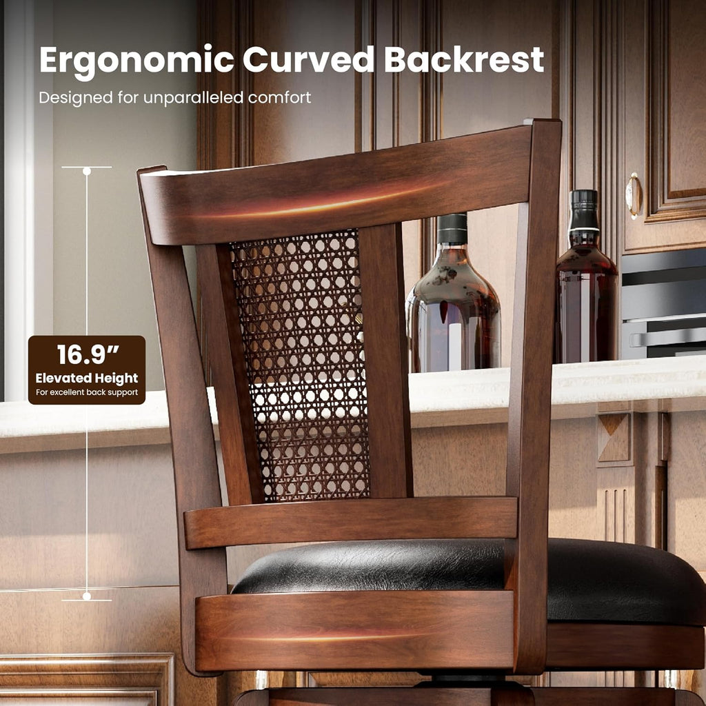 PHI VILLA 26 inch Counter Height Bar Stools Set of 4, Swivel Bar Stools with Back, Wooden Bar Chairs Faux Leather Kitchen Counter Stools