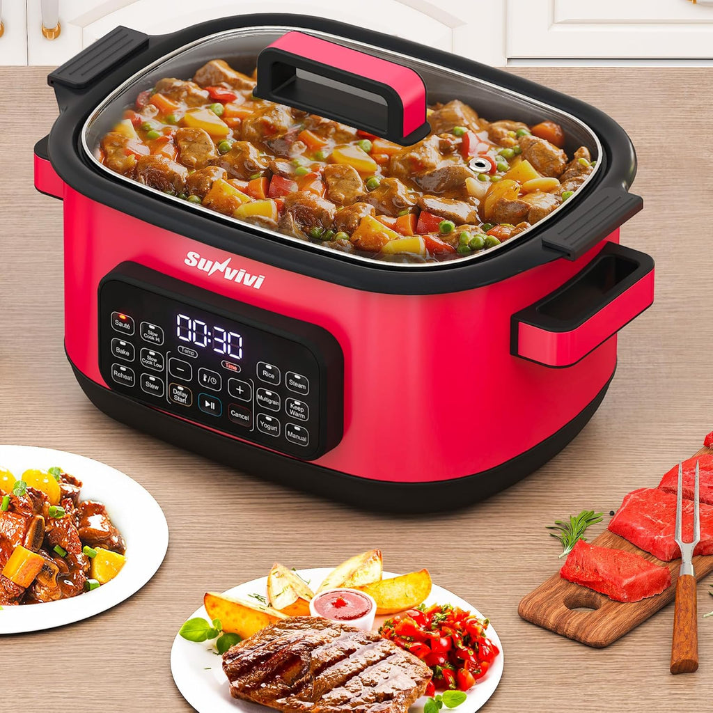 12-in-1 Multicooker, 6.5QT Slow Cooker Roaster Oven, Digital Programmable Multi Functional Pot with Timer Temp Control Delay Start Glass Lid Removable Nonstick Pot, Roast/Steam Rack, Red