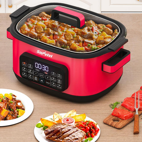 12-in-1 Multicooker, 6.5QT Slow Cooker Roaster Oven, Digital Programmable Multi Functional Pot with Timer Temp Control Delay Start Glass Lid Removable Nonstick Pot, Roast/Steam Rack, Red