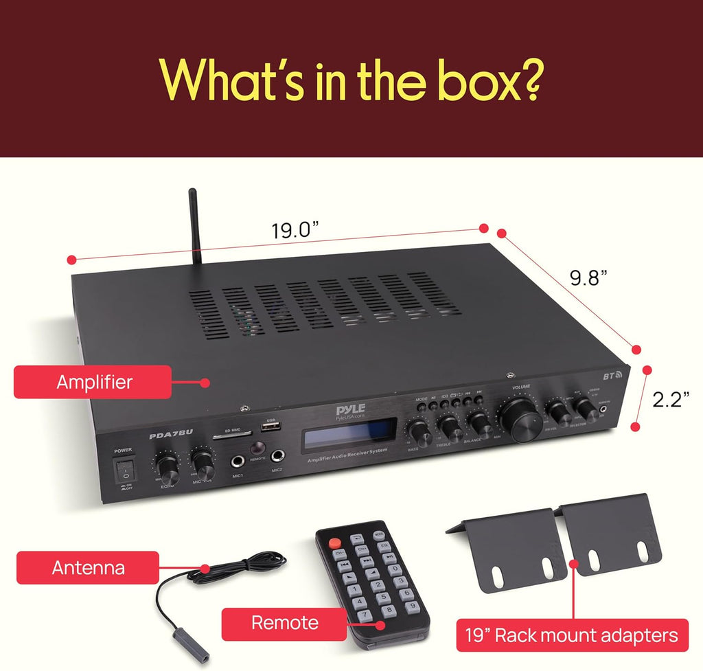 Pyle 5 Channel Rack Mount Bluetooth Amplifier Receiver - Home Theater Amp, Speaker Amplifier, Bluetooth Wireless Streaming, MP3/USB/SD/AUX/FM Radio, 200Watt, w/Digital ID3 LCD Display from - PDA7BU.5