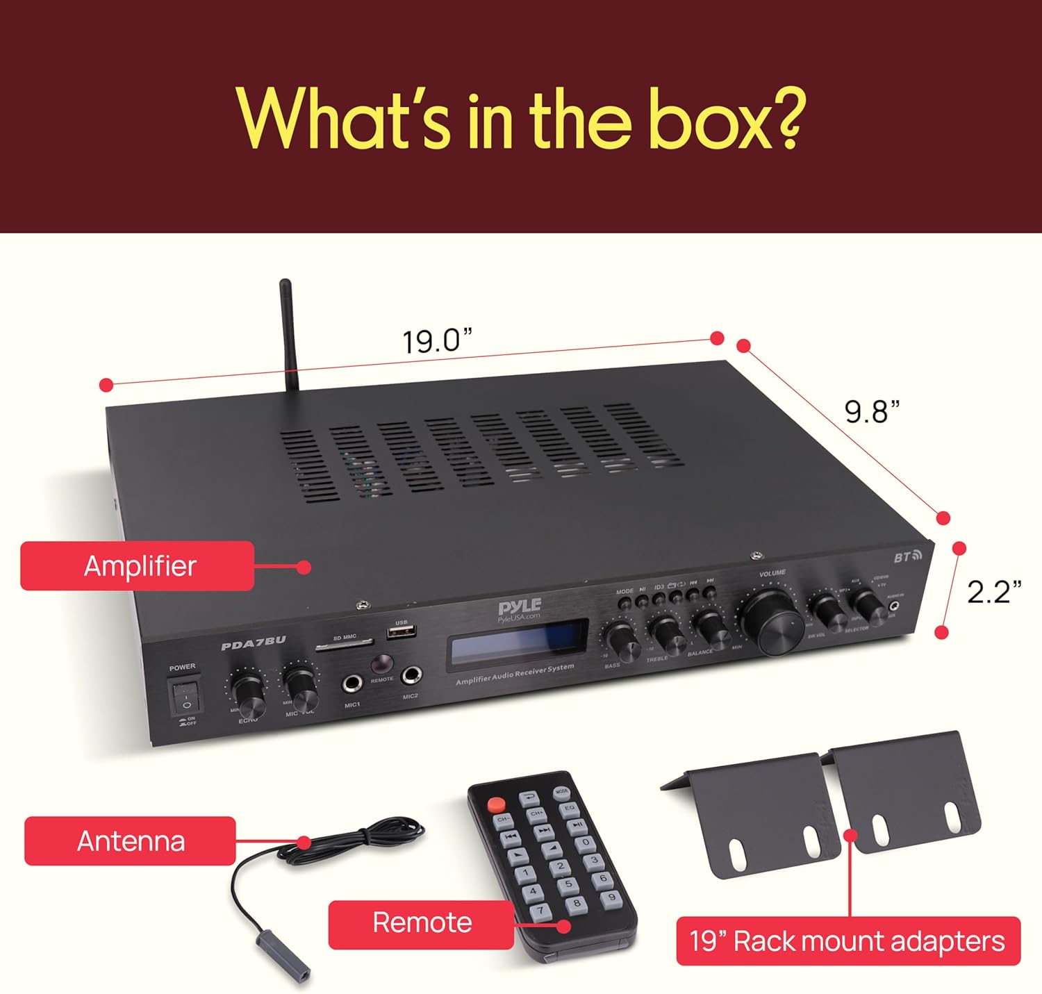 Pyle 5 Channel Rack Mount Bluetooth Amplifier Receiver - Home Theater Amp, Speaker Amplifier, Bluetooth Wireless Streaming, MP3/USB/SD/AUX/FM Radio, 200Watt, w/Digital ID3 LCD Display from - PDA7BU.5