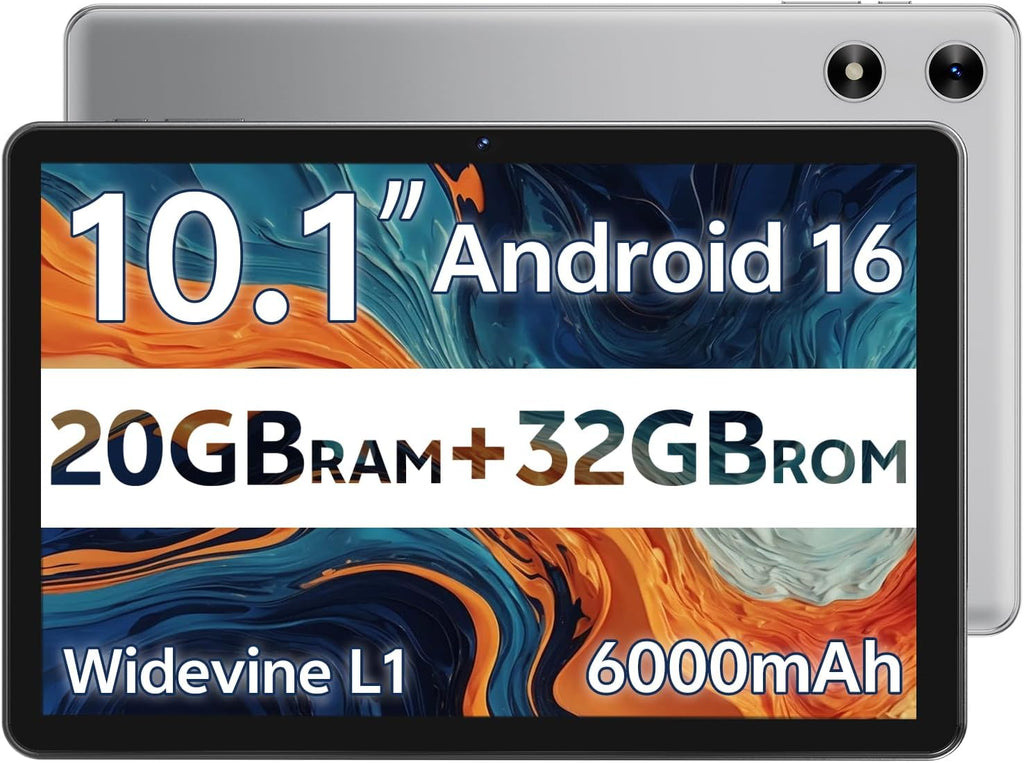 SVITOO Android Tablet 10 Inch, Android 16 Tablet for Kids Adults, 20GB RAM 32GB Storage 1TB Expandable, Dual Cameras 8MP 2MP, 6000mAh Dual Speakers WiFi 6 Gray