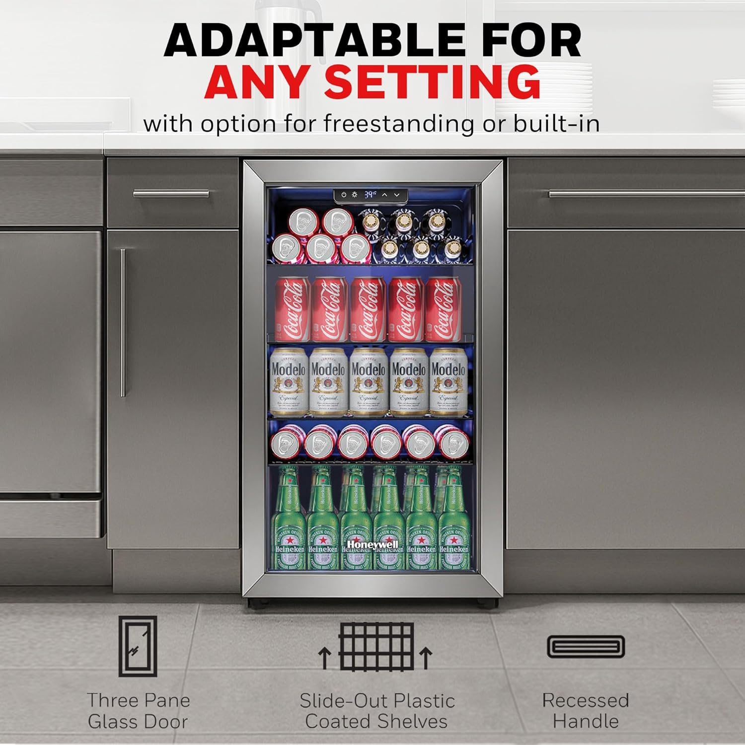 Honeywell Beverage Refrigerator and Cooler, 116 Can Mini Fridge with Glass Door for Soda Beer or Wine for Office or Bar with Adjustable Removable Shelving, Commercial Grade