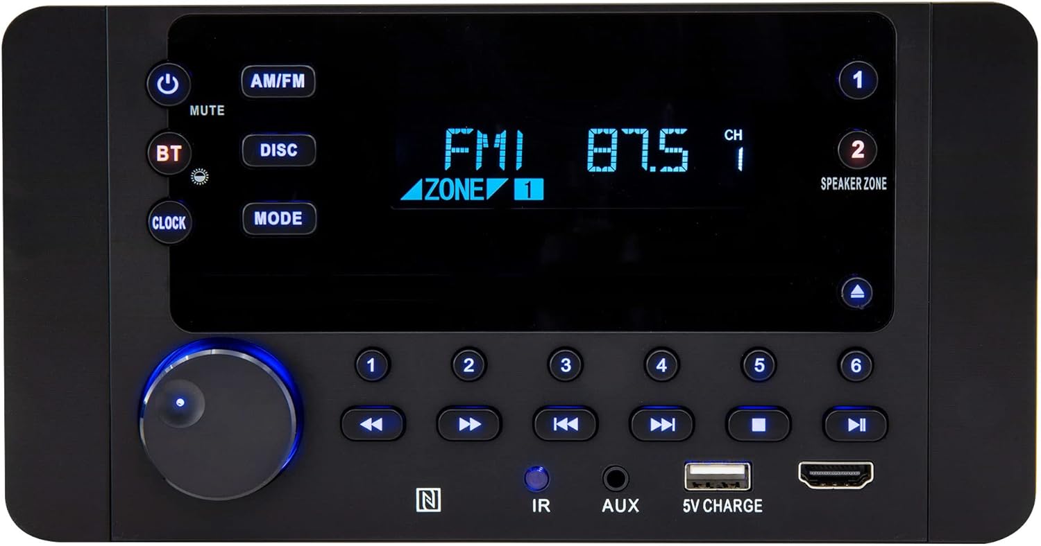 IRV Technology iRV62 Wallmount RV Stereo with Bluetooth HDMI ARC, App Control, FM|AM|DVD|CD|MP4|App, NFC, USB Charging, Digital Surround Sound, Clock, 2-Speaker Zone, CEC Support