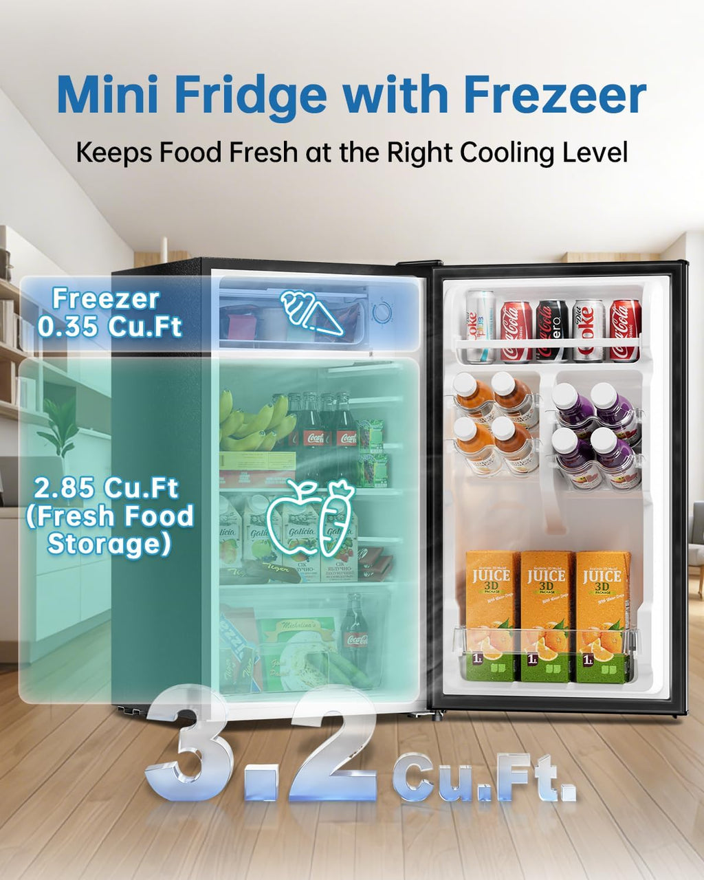 3.2 Cu Ft Mini Fridge with Freezer - Energy Efficient, Large Capacity Single Door Upright Freezer for Bedroom, Office & Dorm | Small Fridge, Reversible Door, ETL Certified(Black)