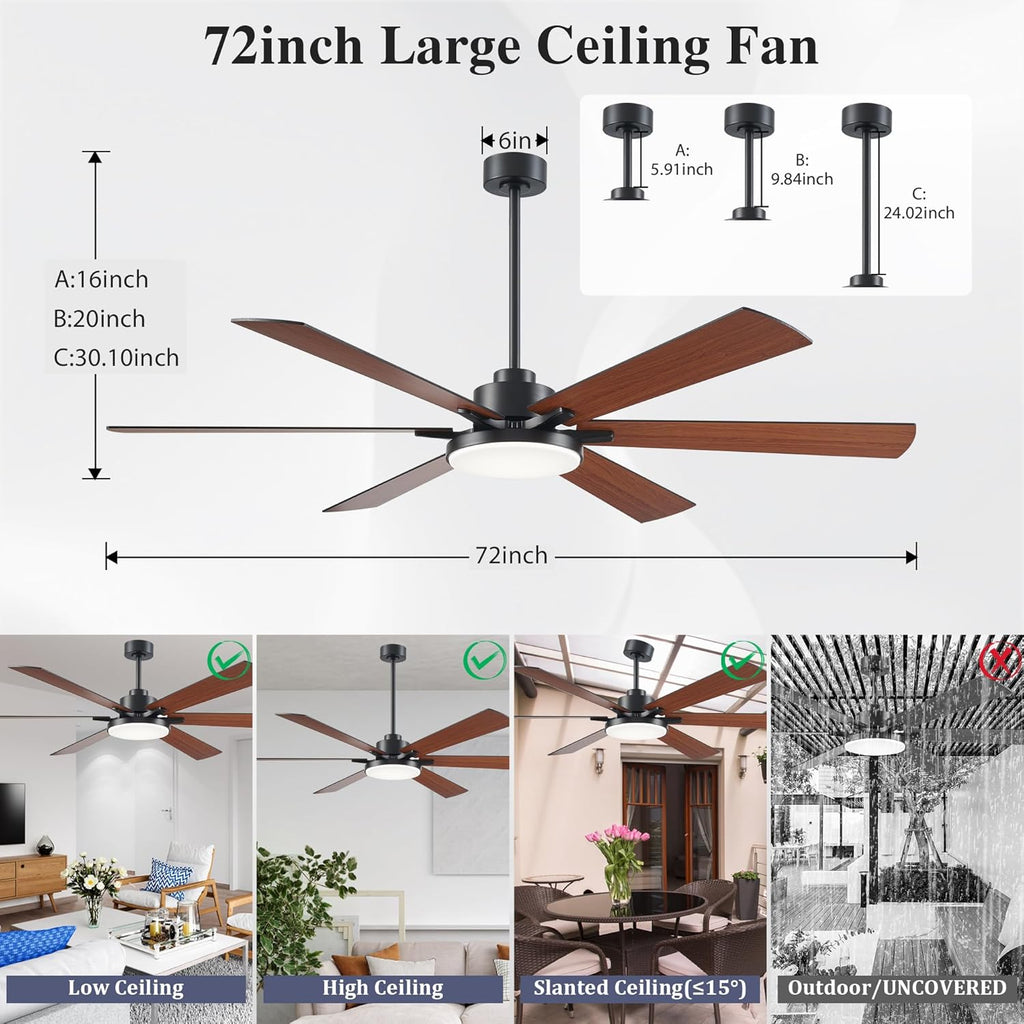 DIAMONDFORGE 72 inch Ceiling Fans with Lights and Remote Control,Indoor Outdoor/Flush Mount Low Profile Commercial Reversible Dimmable Ceiling Fans for Living Room Patio Industrial Shop Wood Grain