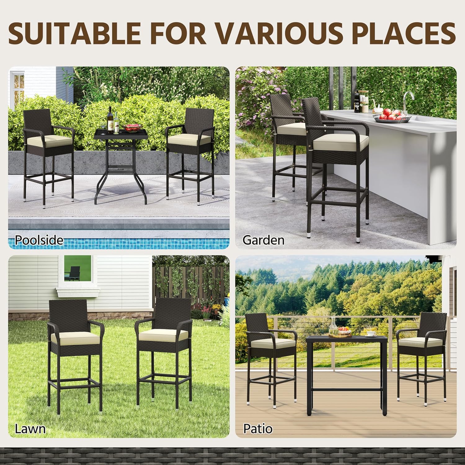 Yaheetech Outdoor Bar Stools Set of 4, Patio Wicker Chairs with Armrests, Footrests, Cushion for Porch Garden Balcony Backyard, Brown/Beige