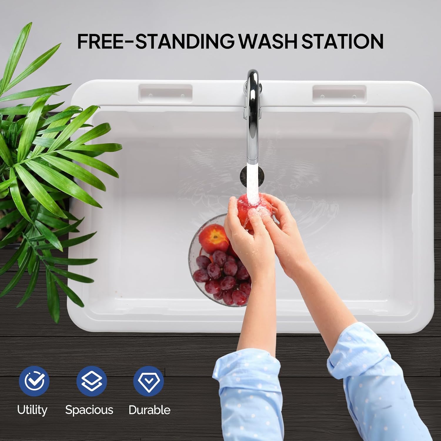 VINGLI Spacious White Utility Sink Laundry Tub for Laundry Room, Garage Washing Station, Slop Sink, Freestanding Sink with Stainless Steel Faucet, Drain, Storage Shelf and Removable Drainboard,White
