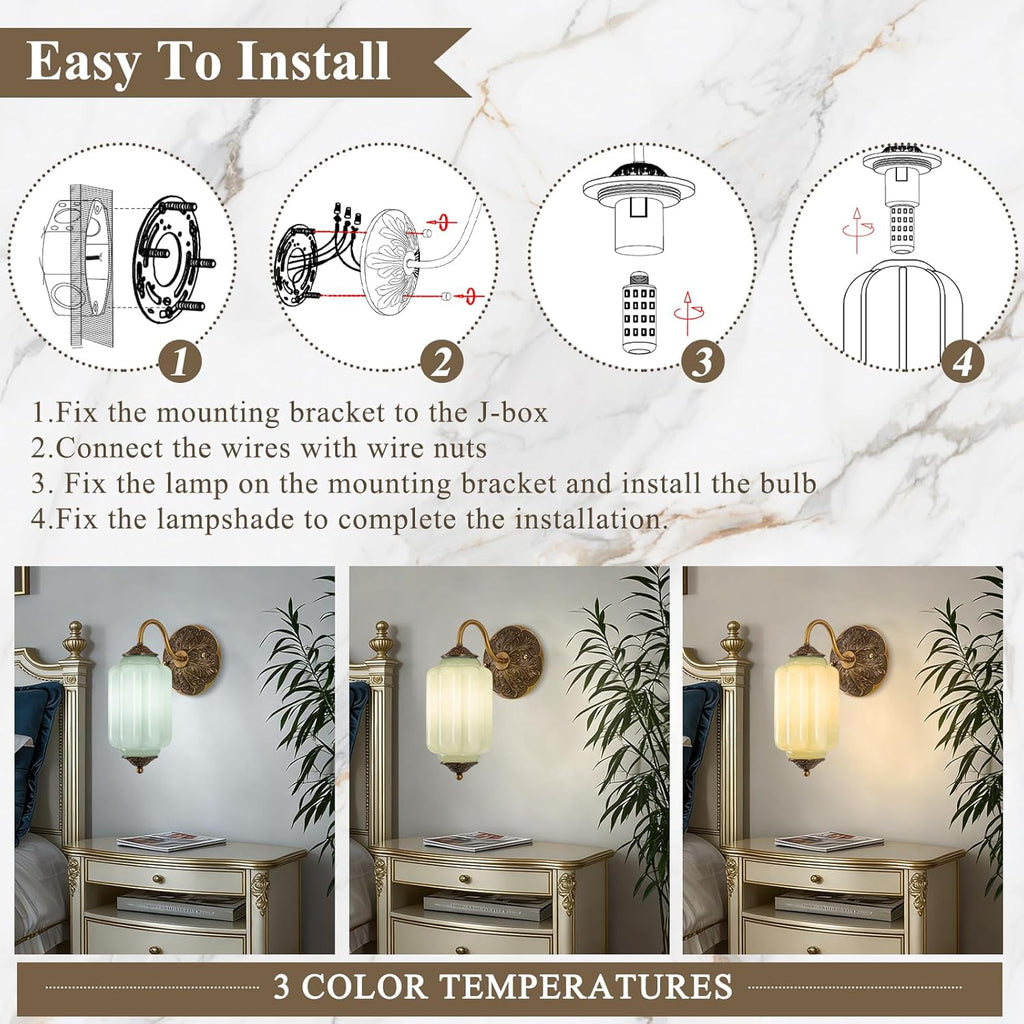 Vintage Gold Milk Glass Wall Sconce, Wall Light Set of Two - Vintage Green Shade & Brass Finish Base, Indoor Hardwired Wall Lighting Fixture for Foyers, Bedroom, etc (Bulbs Included)- Green