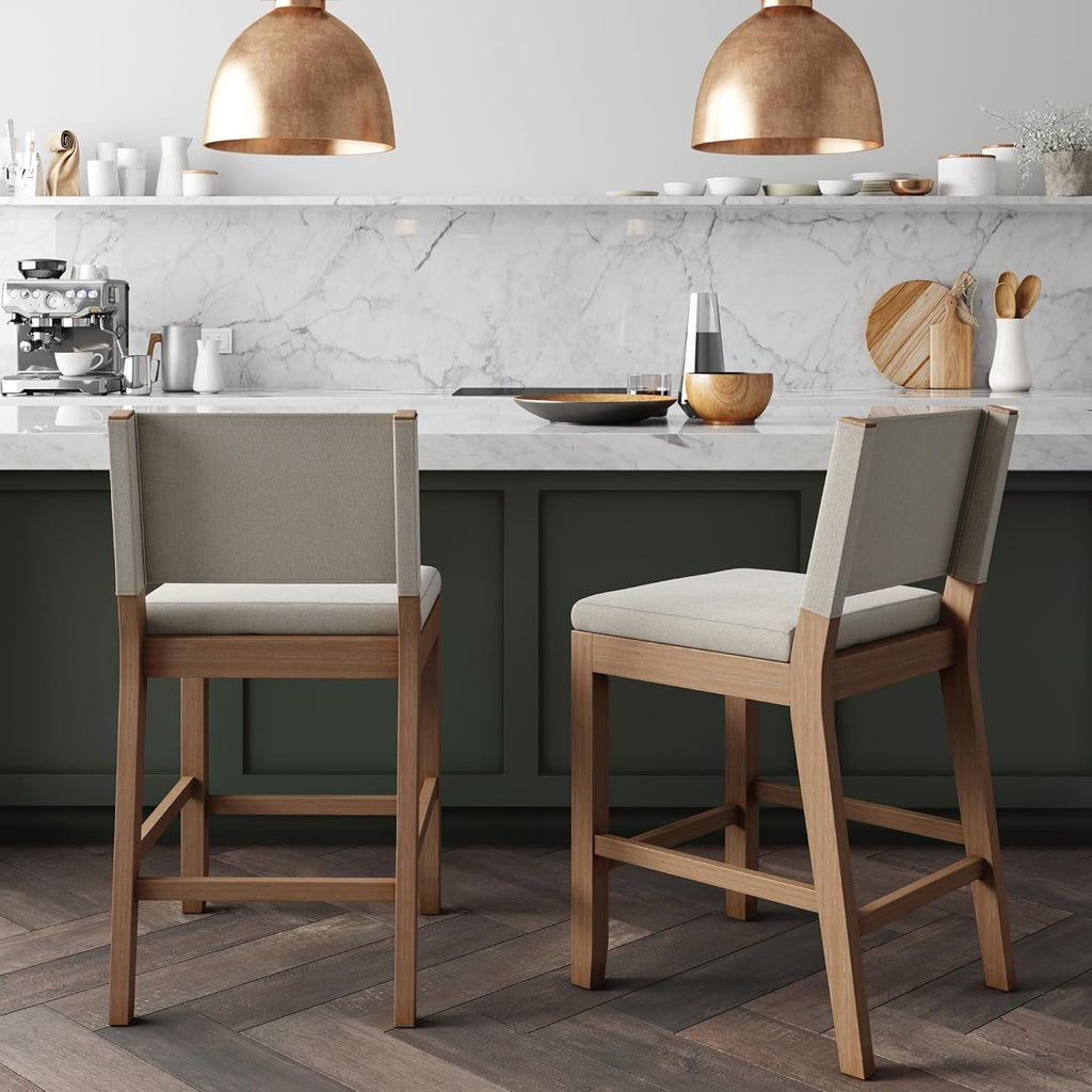 Nathan James Linus Modern Upholstered Counter Height Bar Stool with Back and Solid Rubberwood Legs in a Wire-Brushed Light Brown Finish, Natural Flax/Brown, Set of 2