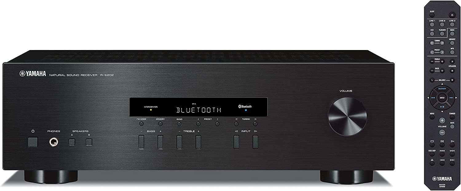 Yamaha Audio 2021 Yamaha R-S202 Stereo Receiver with Built-In Bluetooth Connectivity, Up to 100W Per Channel at 8 Ohms, 4 x RCA-In, 1 x RCA-Out, Front Panel 1/4'' Headphone Output (Black) (Renewed)