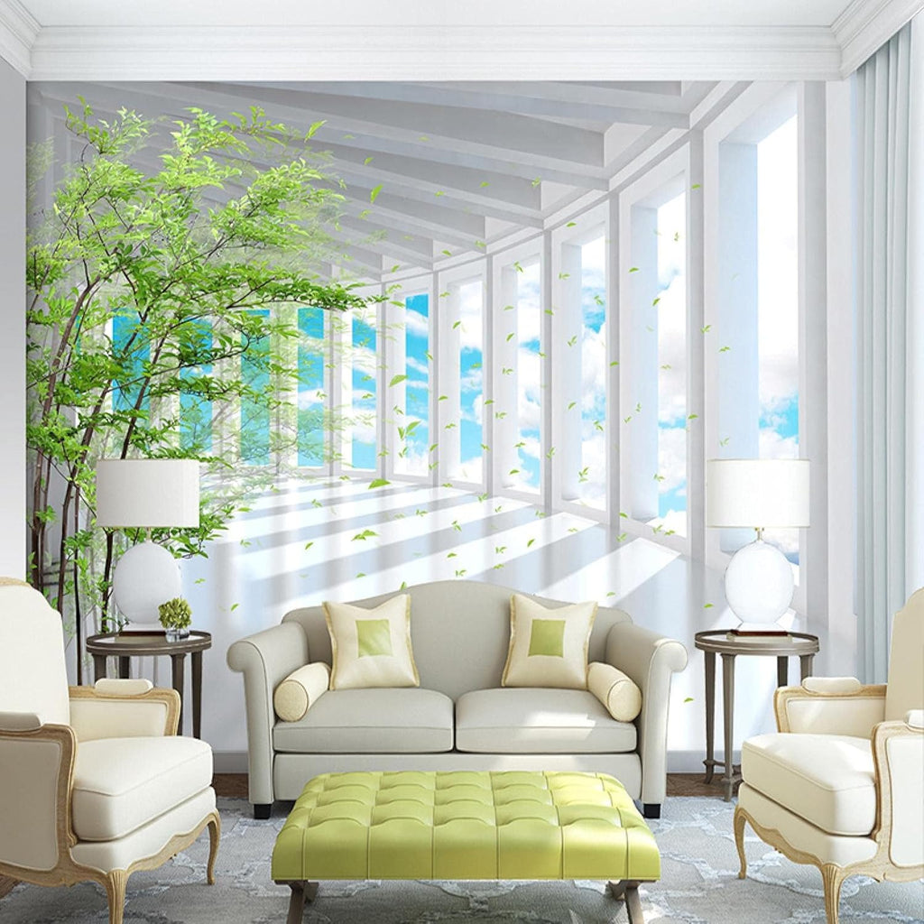 Green Leaf Corridor Wall Decoration Mural, Blue Sky and White Clouds Murals Removable Wallpaper Wall Sticker,for Classroom Restaurant Bedroom Living Room Restaurant Shop,169.3" W x118.2 H