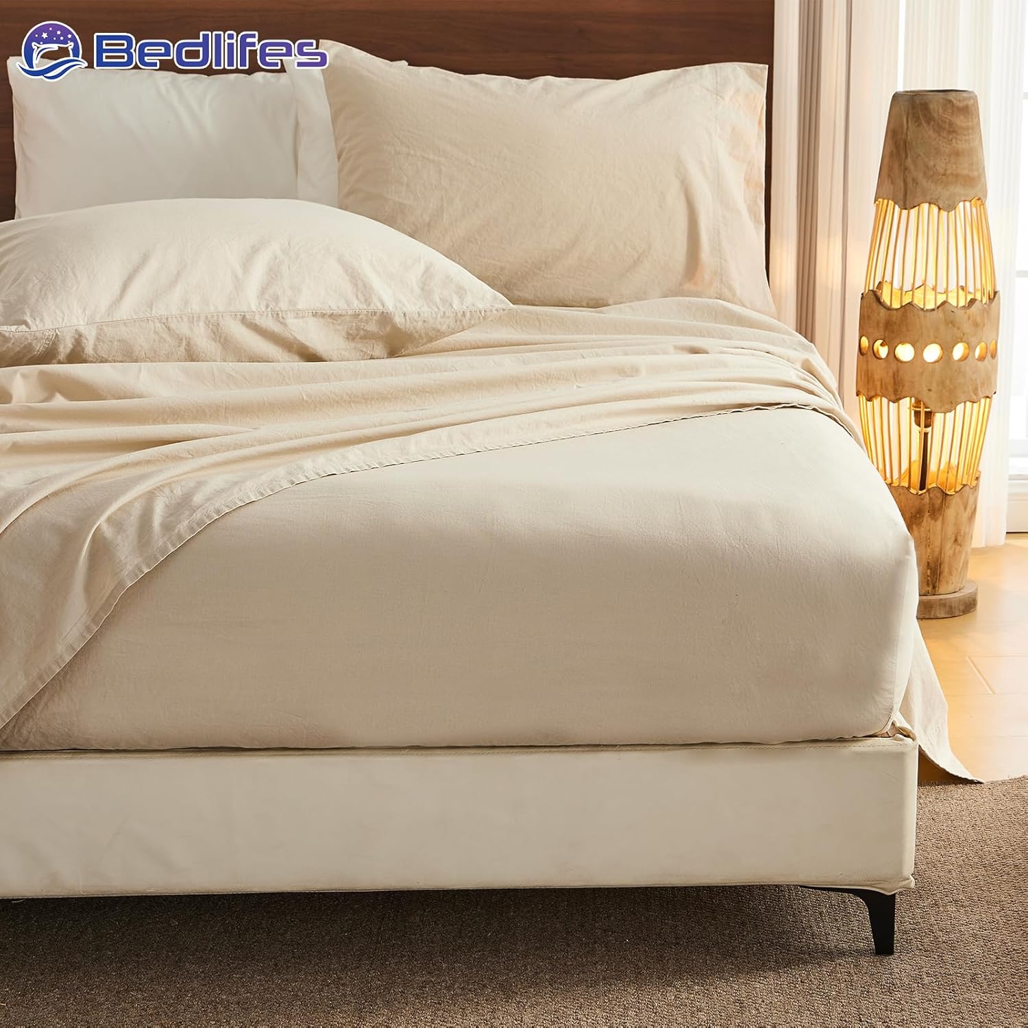 Bedlifes 100% French Pure Linen Sheets Queen Size Breathable and Cooling Flax Sheet Set Soft Durable and Moisture Wicking 16 Inch Deep Pocket-4 Piece(Queen,Linen)