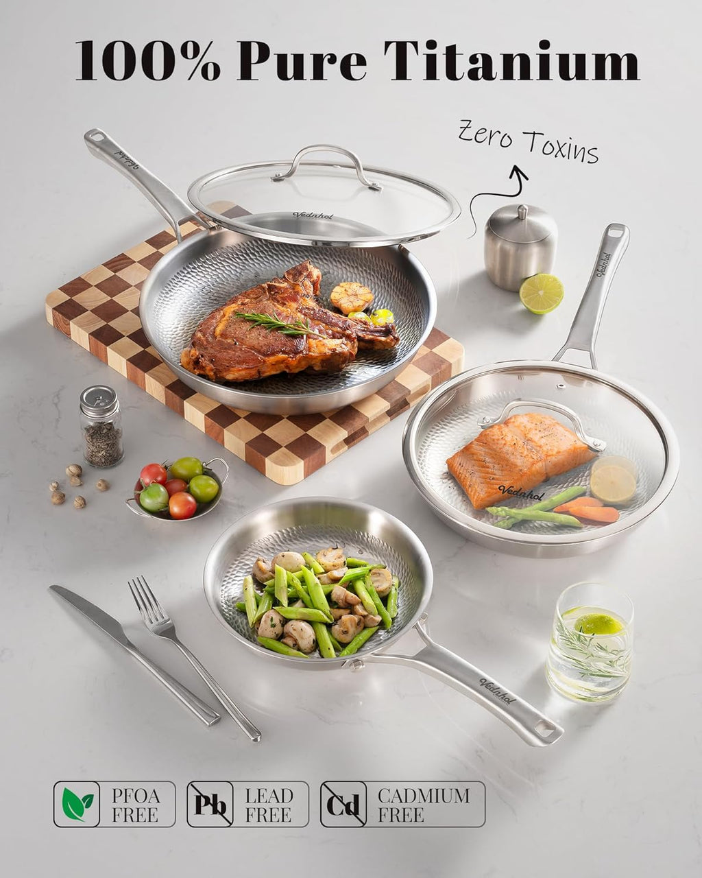 Titanium Pans set with 2Lids,8+10+12Inch Pure Titanium Hammered Upgarde Pro Non-Toxic Skillet for Cooking, PFAS/PFOA/PTFE Free Cookware, Dishwasher&Oven Safe, Kitchen Induction Compatible