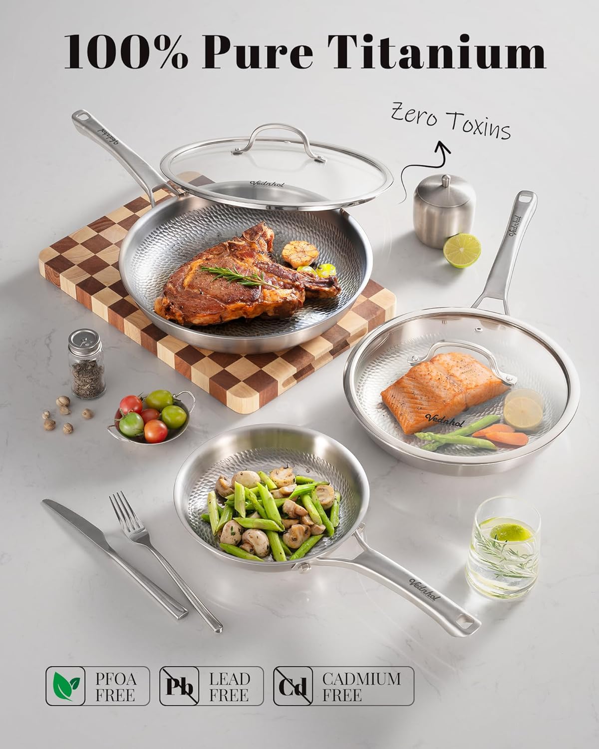 Titanium Pans set with 2Lids,8+10+12Inch Pure Titanium Hammered Upgarde Pro Non-Toxic Skillet for Cooking, PFAS/PFOA/PTFE Free Cookware, Dishwasher&Oven Safe, Kitchen Induction Compatible