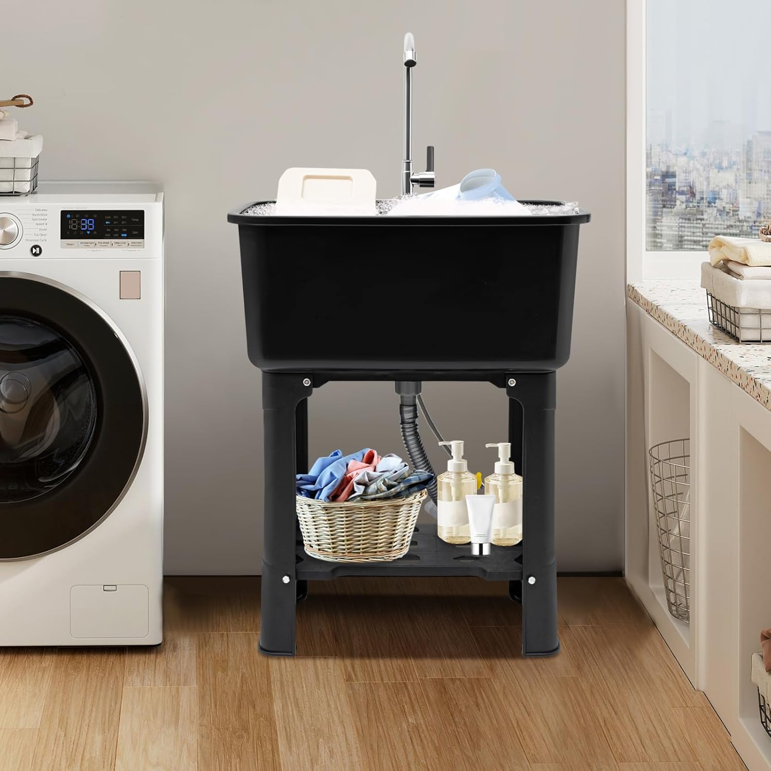 Utility Sink with Faucet for Laundry Room and Garage, Plastic Bathroom Laundry Sink Freestanding Laundry Tub Outdoor Sink Ideal for Workshop, Bathroom, Kitchen, 24" W x 16" D x 30" H (Black)