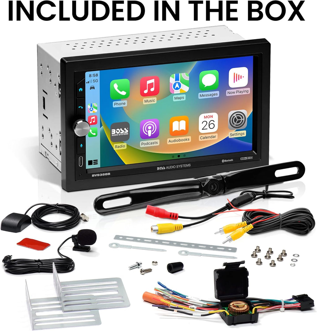 BOSS Audio Systems BVB9358RC Car Stereo – Wireless CarPlay Android Auto, Double Din, 7 Inch Touchscreen, Bluetooth, NO CD DVD Player, AM/FM Radio Receiver, Backup Camera, A/V Input, USB