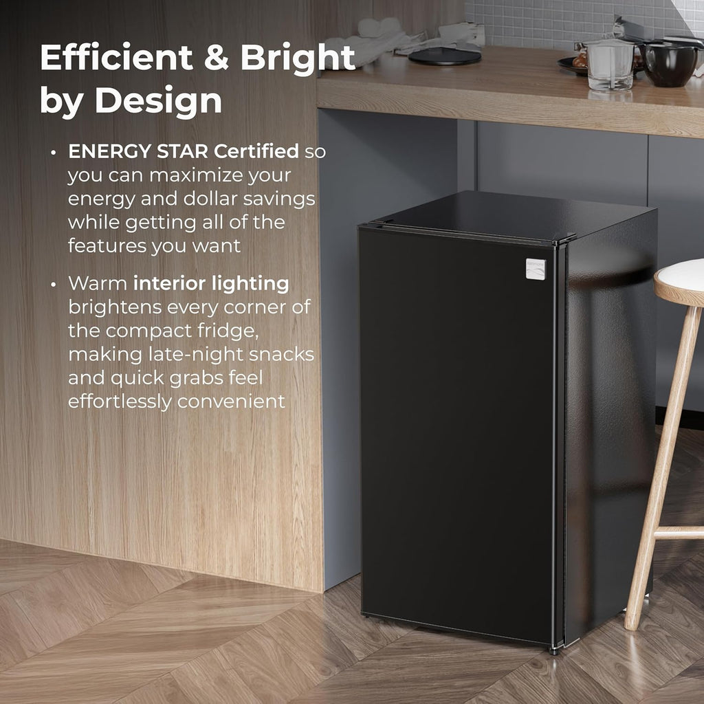 Kenmore 18" Compact Refrigerator with Chiller Compartment - Reversible Door, Adjustable Glass Shelves, ENERGY STAR Certified, 6 Can Rack, Interior Lighting, Freestanding, 3.5 cu. ft. Capacity - Black