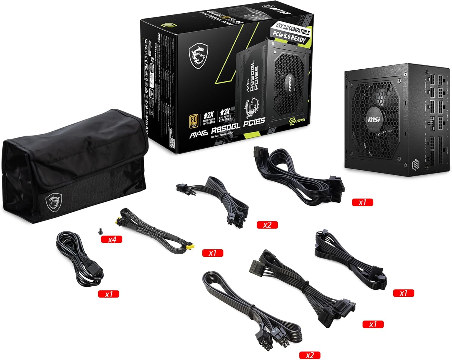 MSI MAG A850GL PCIE5, Fully Modular Compact Gaming 850W Power Supply, 80+ Gold, ATX 3.1 & PCIe 5.1 Ready, Native Dual-Color 12V-2x6 Cable, 10 Year Warranty