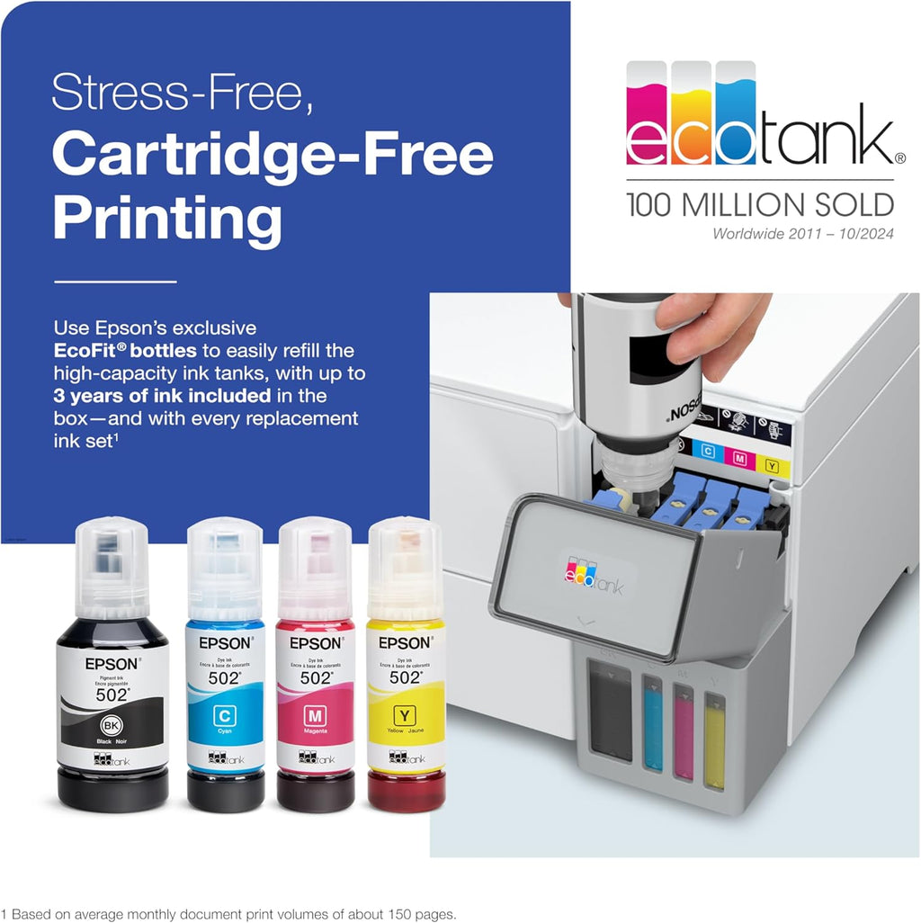 Epson EcoTank ET-3950 Wireless All-in-One Color Supertank Printer with up to 3 Years of Ink Refillable Tanks, Perfect for Home Office, 18 PPM, 2.4" Colorful Touchscreen, Auto Document Feeder - White