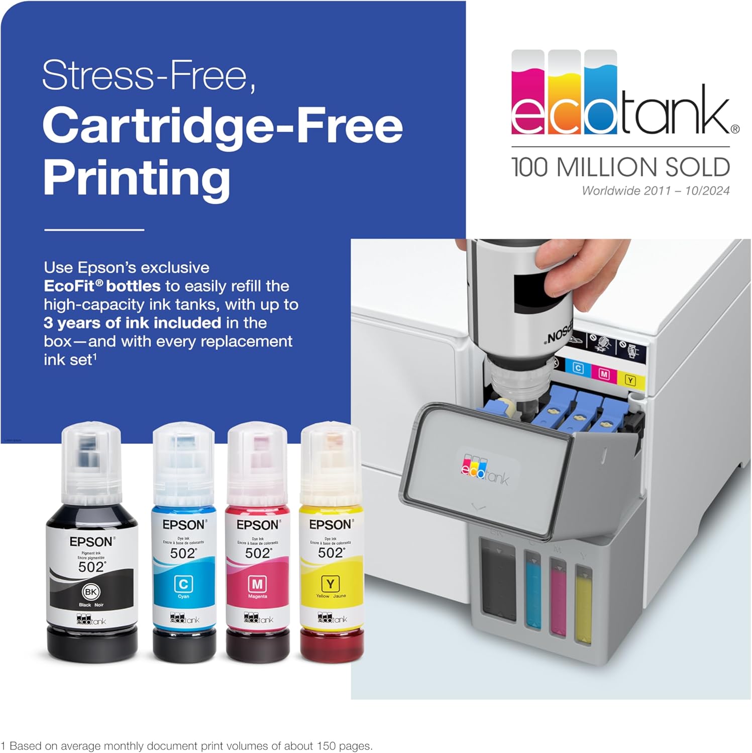 Epson EcoTank ET-3950 Wireless All-in-One Color Supertank Printer with up to 3 Years of Ink Refillable Tanks, Perfect for Home Office, 18 PPM, 2.4" Colorful Touchscreen, Auto Document Feeder - White