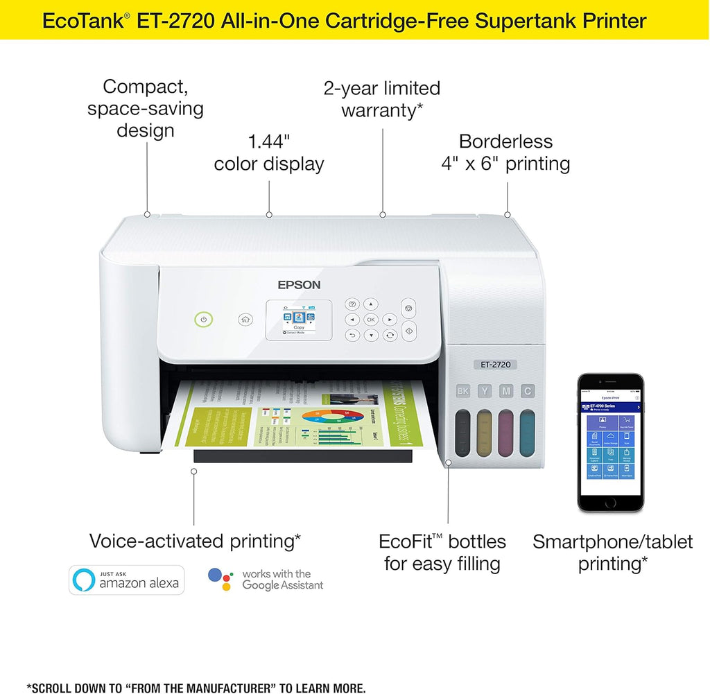 Epson EcoTank ET-2720 Wireless Color All-in-One Supertank Printer with Scanner and Copier - White