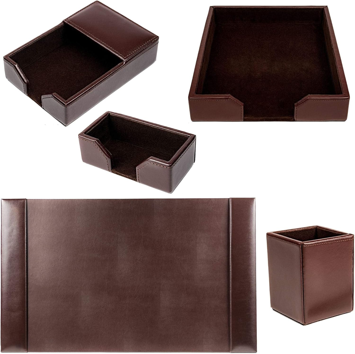 DACASSO Bonded Leather Desk Set - Luxury Leather Desk Pad & Desk Organization Essentials - Office Organization & Executive Desk Decor - (Dark Brown, 5 Piece)