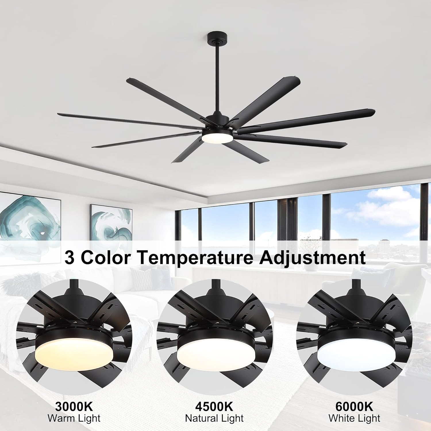 84 Inch Celing Fan with Light and Remote, Large Celing Fan with 8 Black Aluminum Blades, 6 Wind Speeds, Quiet DC Motor, HVLS Ceiling Fan for Living Room Garage Patio Gym Shop