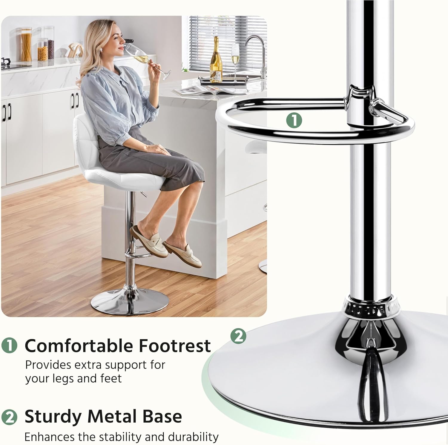 Yaheetech Bar Stools Set of 4, Modern Adjustable Kitchen Island Chairs with Back, 300 lbs Capacity PU Leather Swivel Counter Height Stools, White