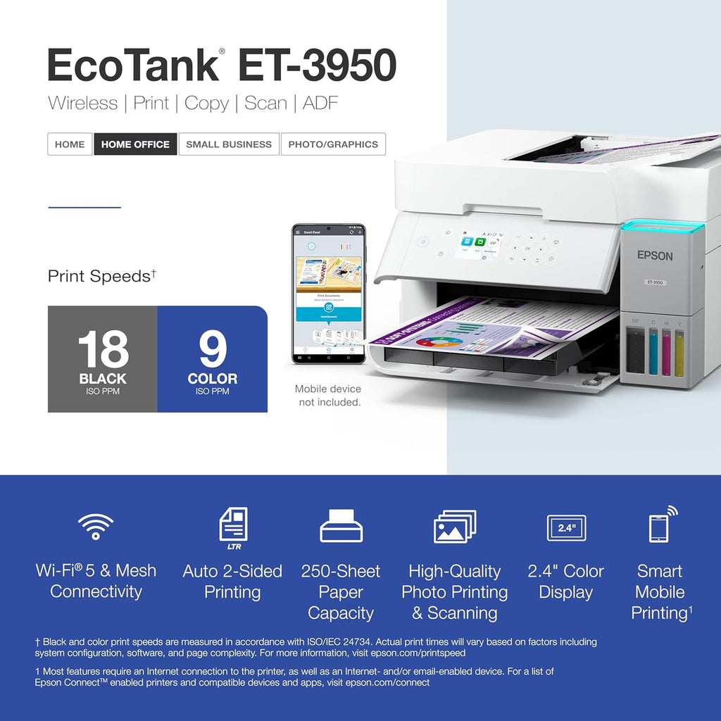 Epson EcoTank ET-3950 Wireless All-in-One Color Supertank Printer with up to 3 Years of Ink Refillable Tanks, Perfect for Home Office, 18 PPM, 2.4" Colorful Touchscreen, Auto Document Feeder - White