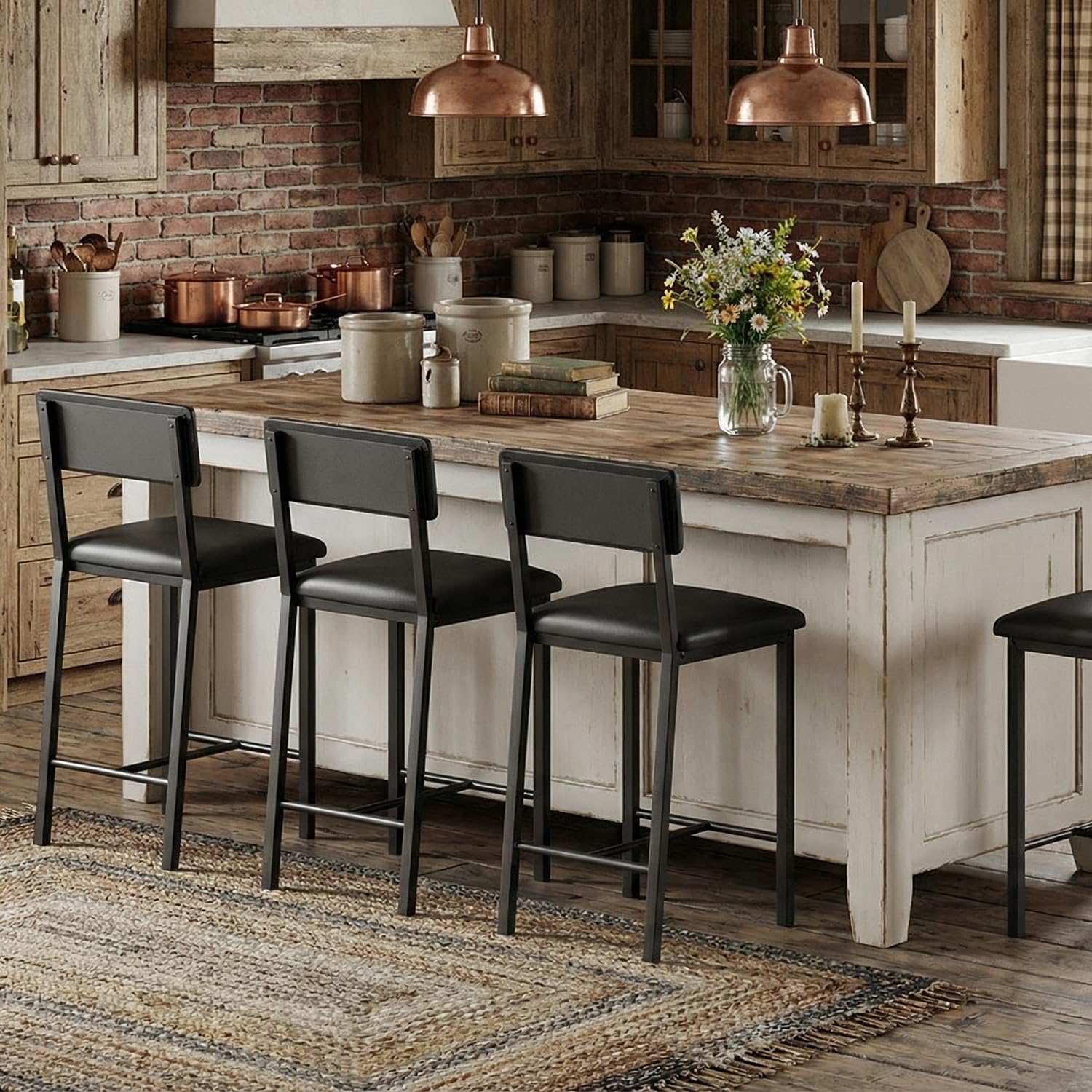 GarveeHome Bar Stools Set of 4 w/Soft Back and Upholstered Seat, 24.8 Inches Counter Height Barstools with Footrest & Thickened Metal Legs, for Kitchen Island, Bar, Black