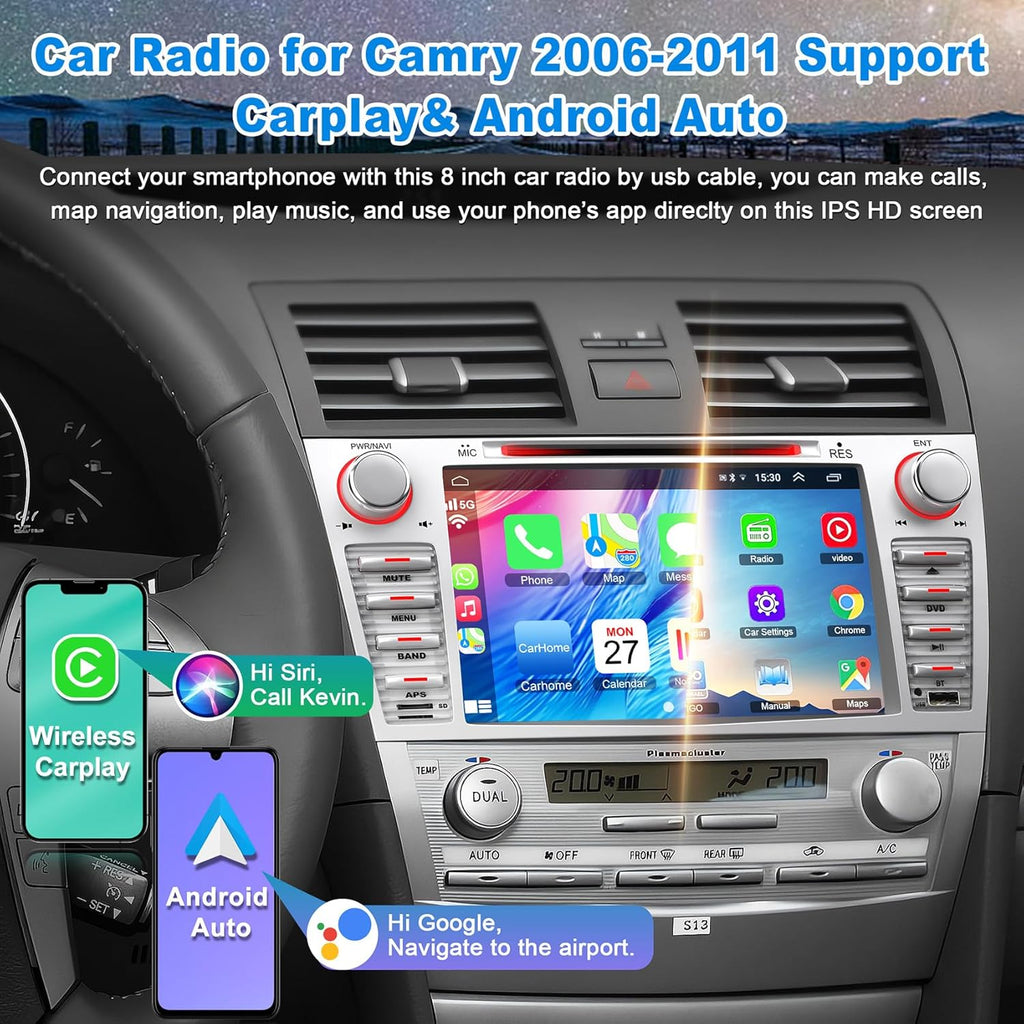 Car Radio for Toyota Camry 2006 2007 2008 2009 2010 2011, 8-inch Touch Screen Car Stereo Support CD/DVD,CarPlay&Android Auto, Bluetooth5.2&Voice Control, Backup Camera& SWC