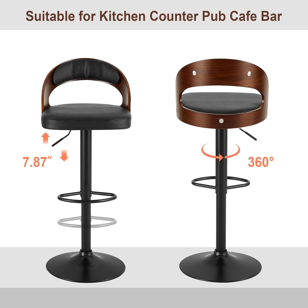 VECELO Bar Stools Set of 2,Counter Height Stools with Bentwood Back&Arm, Swivel Barstools,PU Leather Kitchen Island Stools, Adjustable Height Bar Chairs for Club Pub Dining Room,Black
