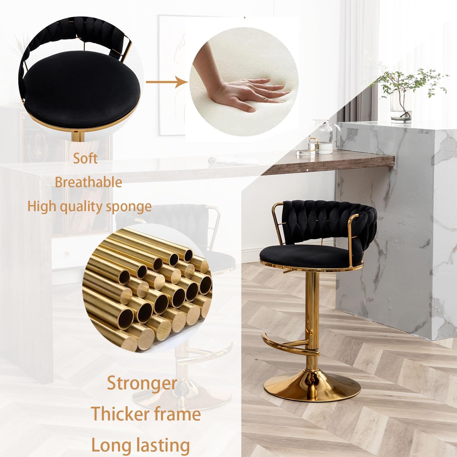 Riknuxi Velvet Bar Stools Set of 3, Counter Height Barstools with Low Back, Gold Swivel Bar Stool for Kitchen Island, Pub (Black)