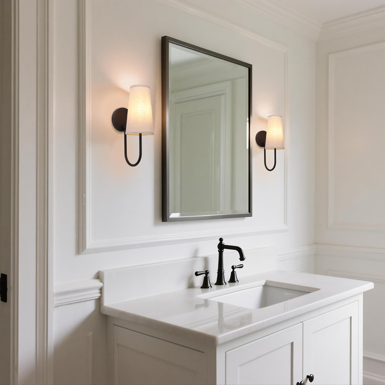 Pathson Set of 2 Linen Fabric Wall Sconces, Hardwired Curved Arm Bathroom Vanity Light with Cone Cloth Shade, Black Indoor Wall Decor Lamp for Living Room, Kitchen, Bedroom, Foyer