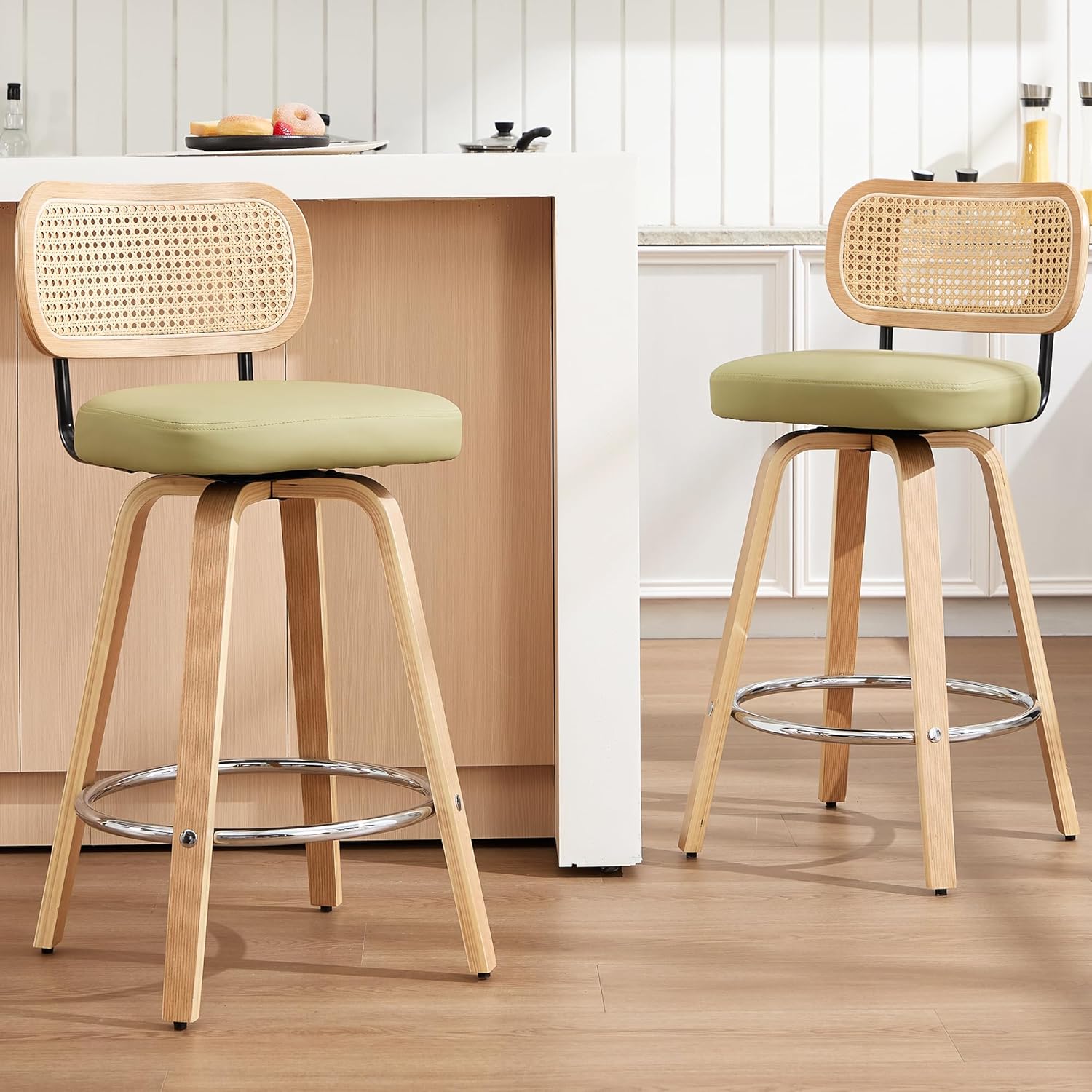 Rattan Bar Stools Set of 2,Upholstered PU Leather, 26'' Counter Height Barstools with Back and Wood Legs,360°Swivel,Mid-Century Modern Bar Stool for Kitchen Island Dining Room and Bar(Grass Green)