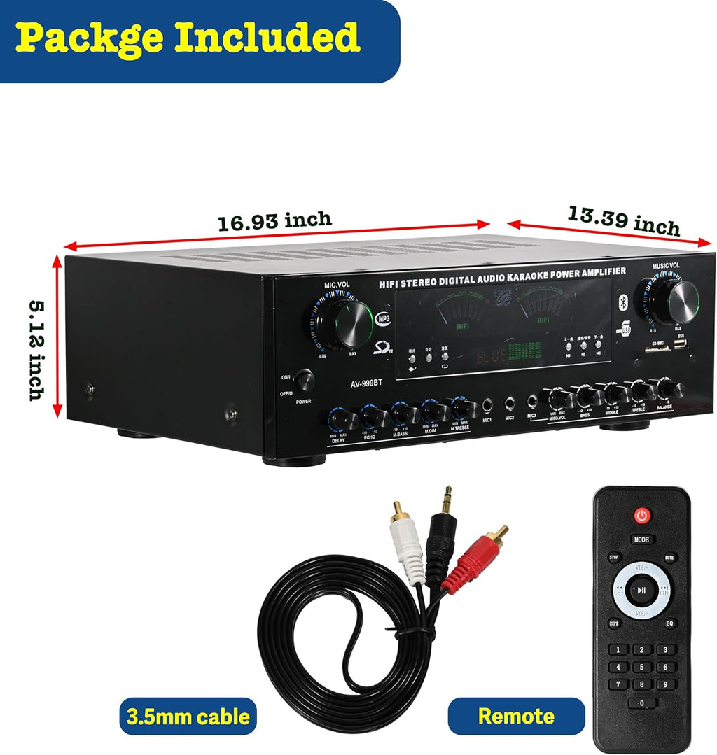 7 Channel Stereo Amplifier for Home Audio, AV-999BT Bluetooth 5.4 Audio Amplifier, Home Stereo Receiver with BT/CD/DVD/AUX/USB/SD/FM/Opt/COA/MIC, High Peak 1000W, Dual Transformers Design