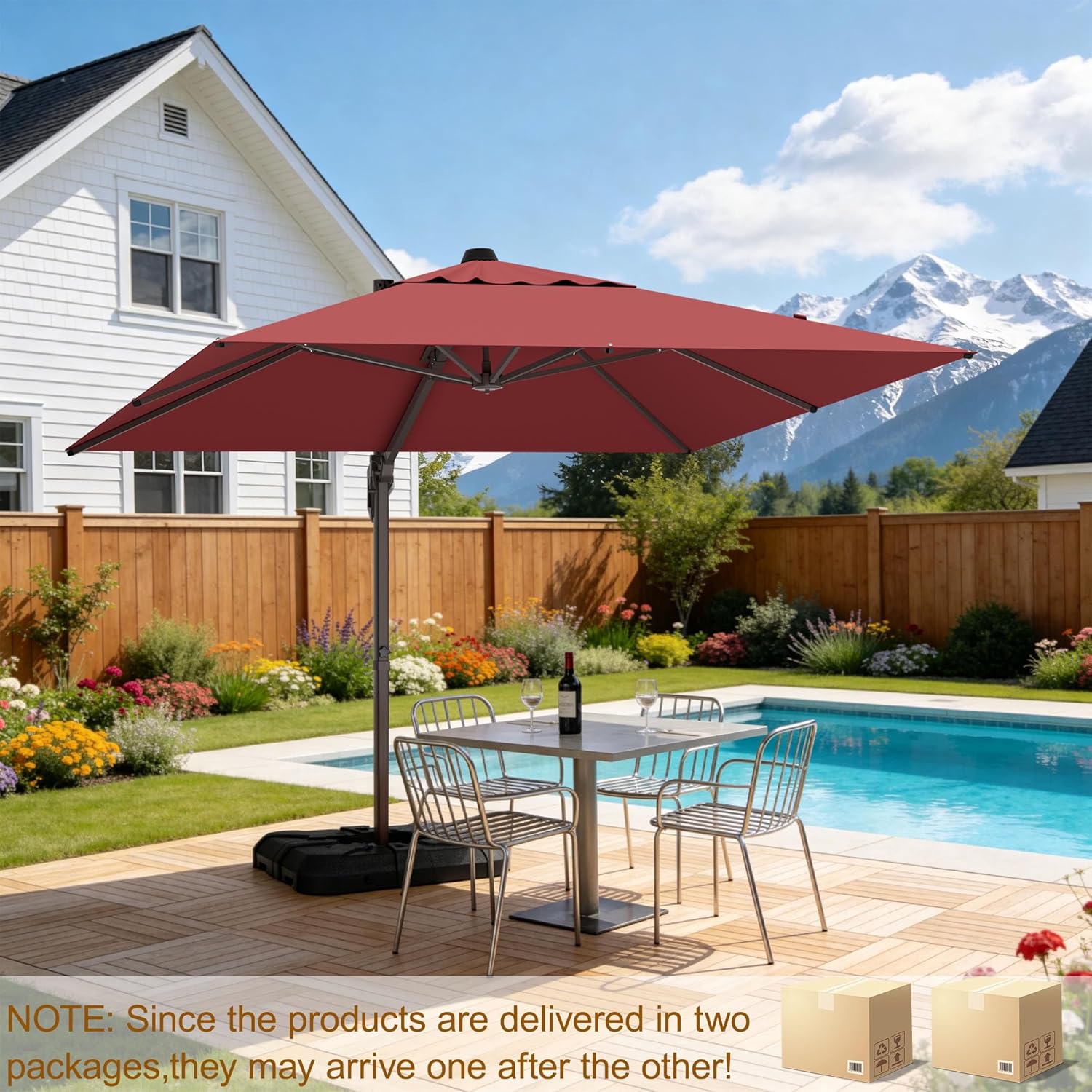 10' X 10' Patio Umbrella Cantilever Outdoor Rectangle Umbrella with Base Included, Heavy Duty 360°Rotation Offset Umbrella for Garden Deck Pool Patio, Red