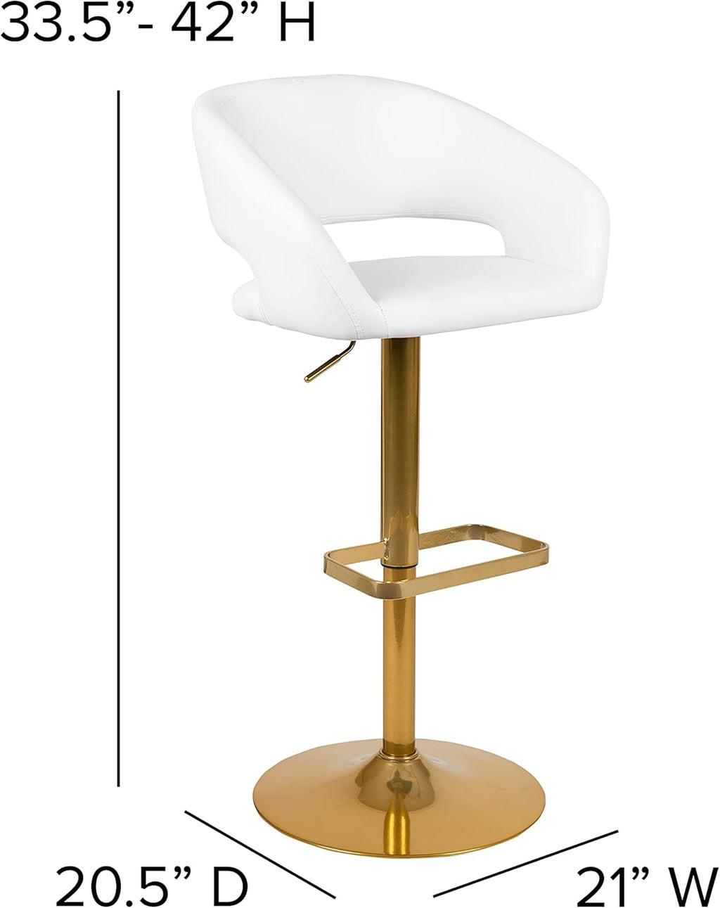 Flash Furniture Erik Contemporary Adjustable Height Barstool with Footrest and Rounded Mid-Back, Upholstered Bar or Counter Height Stool, White/Gold