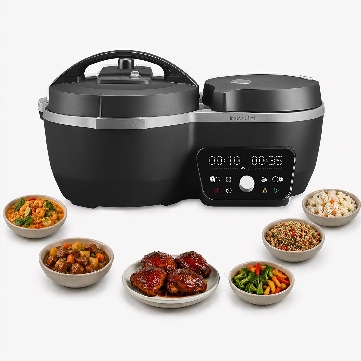 Instant Pot Dual Action 8‑in‑1 Multi-Cooker with Serve Together™ Smart Timing, 4Qt Pressure Cooker & 2Qt Rice Cooker, Cook Mains & Sides Together, Fast Cooking, PFAS-Free Pot*, Sauté, Slow Cook, Black