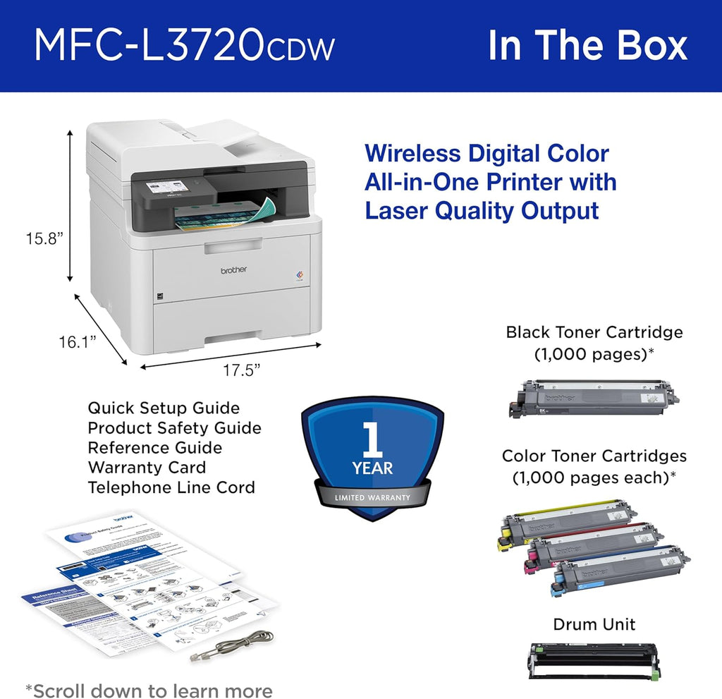 Brother MFC-L3720CDW Wireless Color Laser Printer with Scanner, Copier and Fax | Auto Duplex and 250-Sheet Capacity | Includes Refresh Subscription Trial(1). Amazon Dash Replenishment Ready