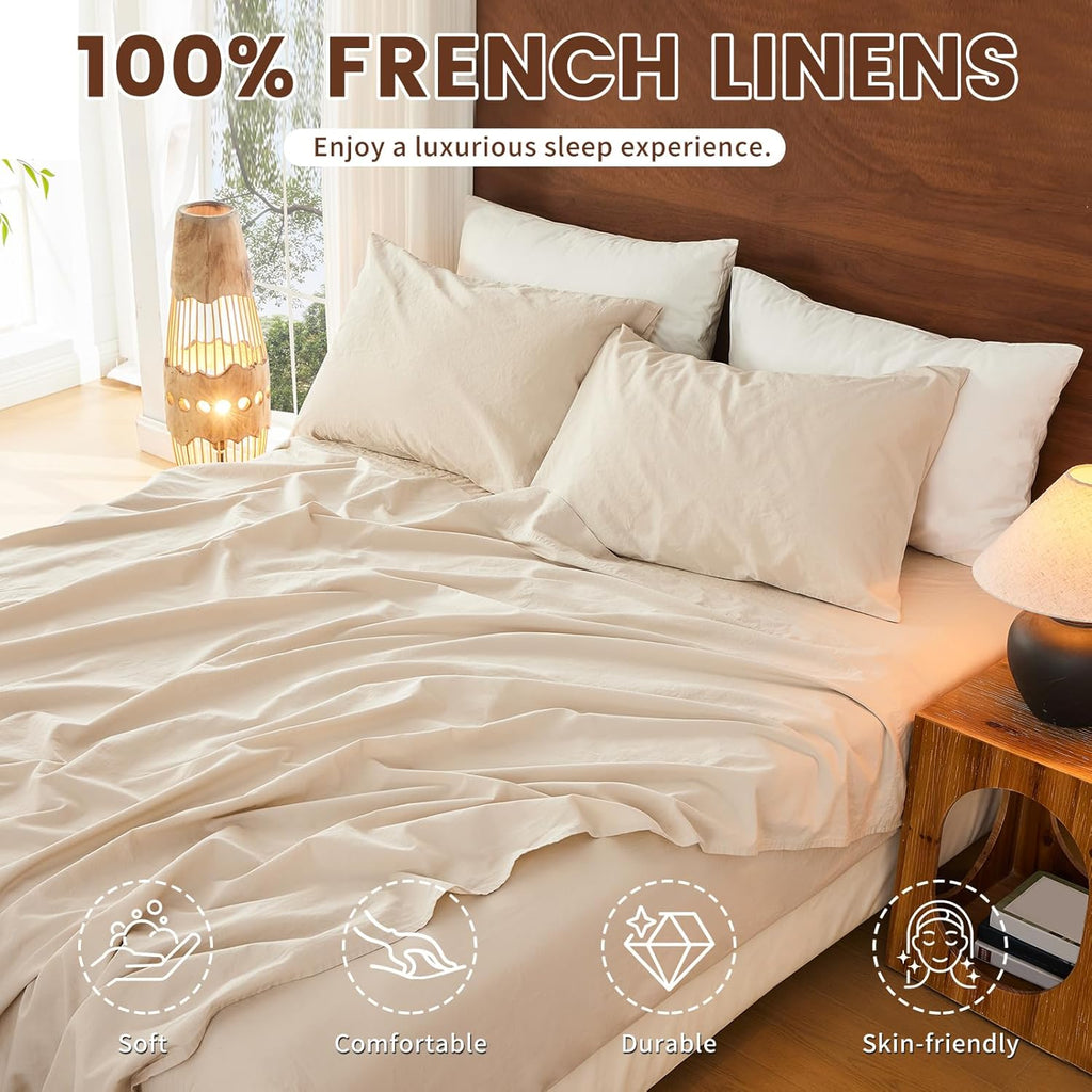 Bedlifes 100% French Pure Linen Sheets Queen Size Breathable and Cooling Flax Sheet Set Soft Durable and Moisture Wicking 16 Inch Deep Pocket-4 Piece(Queen,Linen)