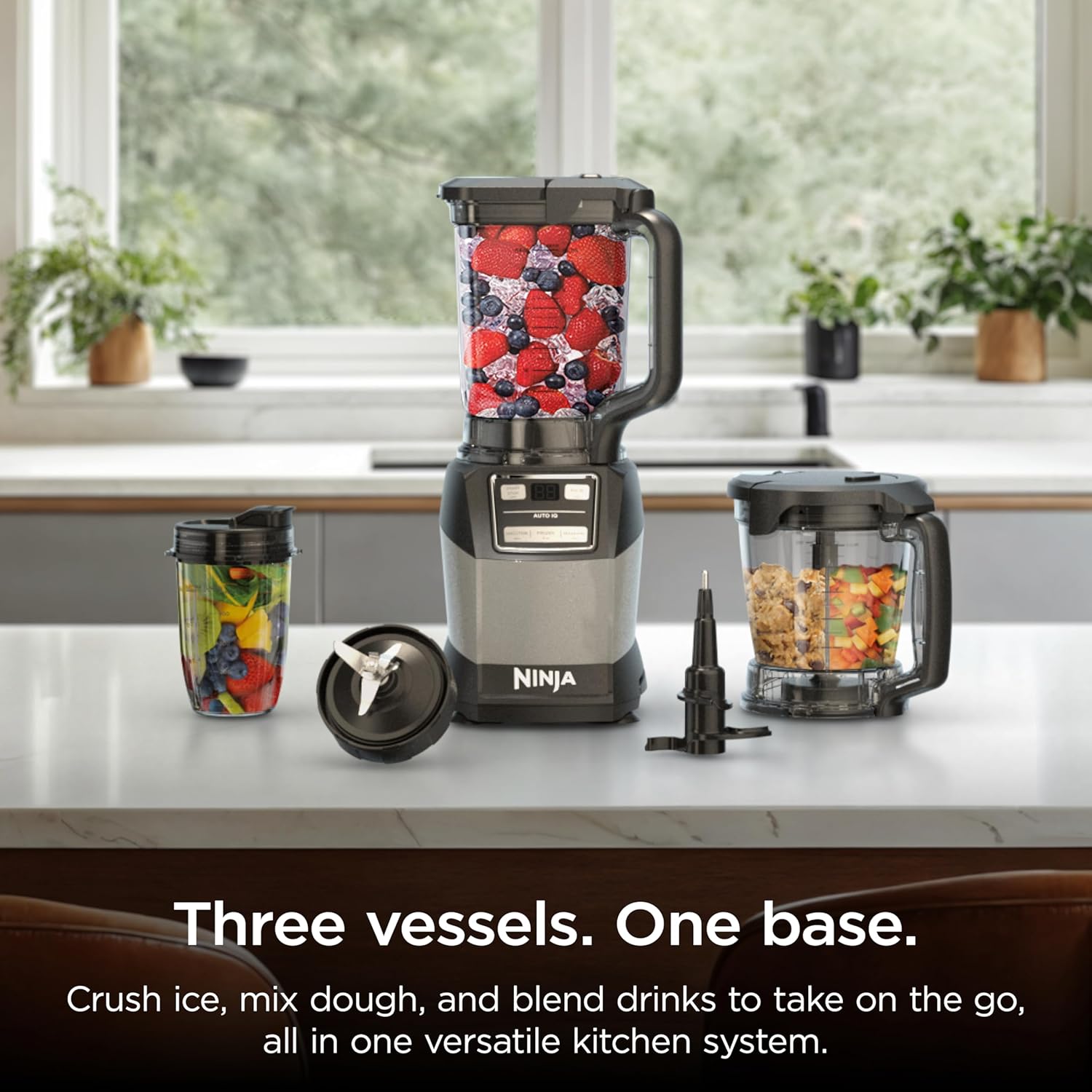 Ninja Blender, Compact Kitchen System, 1200W, 3 Functions for Smoothies, Dough & Frozen Drinks with Auto-IQ, 72-oz.* Blender Pitcher, 40-oz. Processor Bowl & 18-oz. Single-Serve Cup, Grey, AMZ493BRN