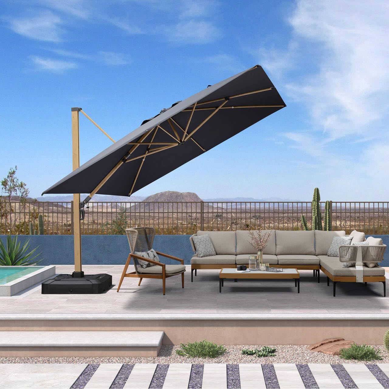 PURPLE LEAF 11FT Patio Umbrella With Base Square Cantilever Umbrella Teak Finished Aluminum Frame Large Windproof Offset Outdoor Sun Umbrellas for Beach Pool Deck, Grey