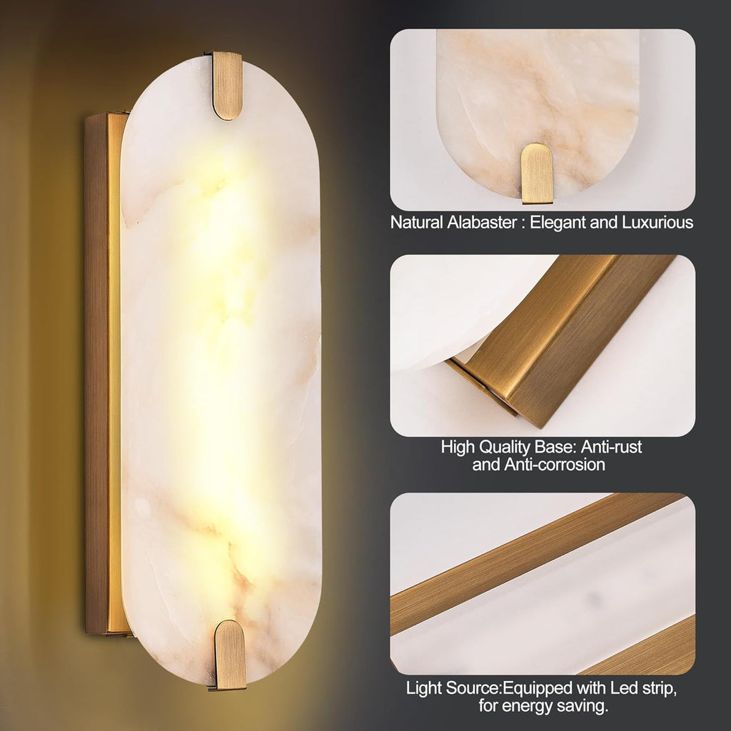 14.17in Alabaster Wall Sconces, Natural Marble Wall Light, Modern LED Alabaster Sconces for Living Room Indoor Wall Lamps for Dining Room Stairs Bedroom,Brushed Gold