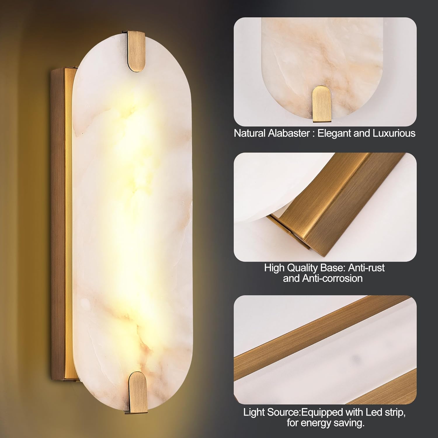 14.17in Alabaster Wall Sconces, Natural Marble Wall Light, Modern LED Alabaster Sconces for Living Room Indoor Wall Lamps for Dining Room Stairs Bedroom,Brushed Gold