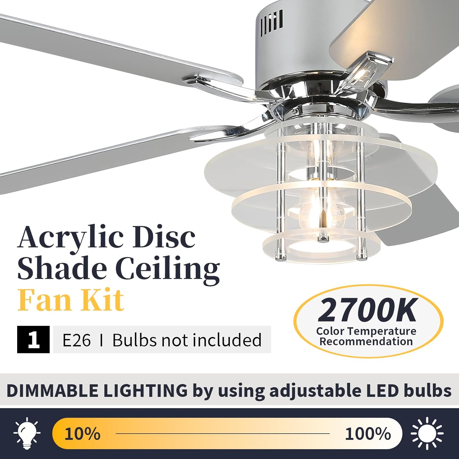 52" Ceiling Fan with Light Modern Chrome Chandelier Fan Reversible DC Motor Quiet Fandelier with 5 Blades for Bedroom, Living Room, Patios, Shop, Ventilador de Techo