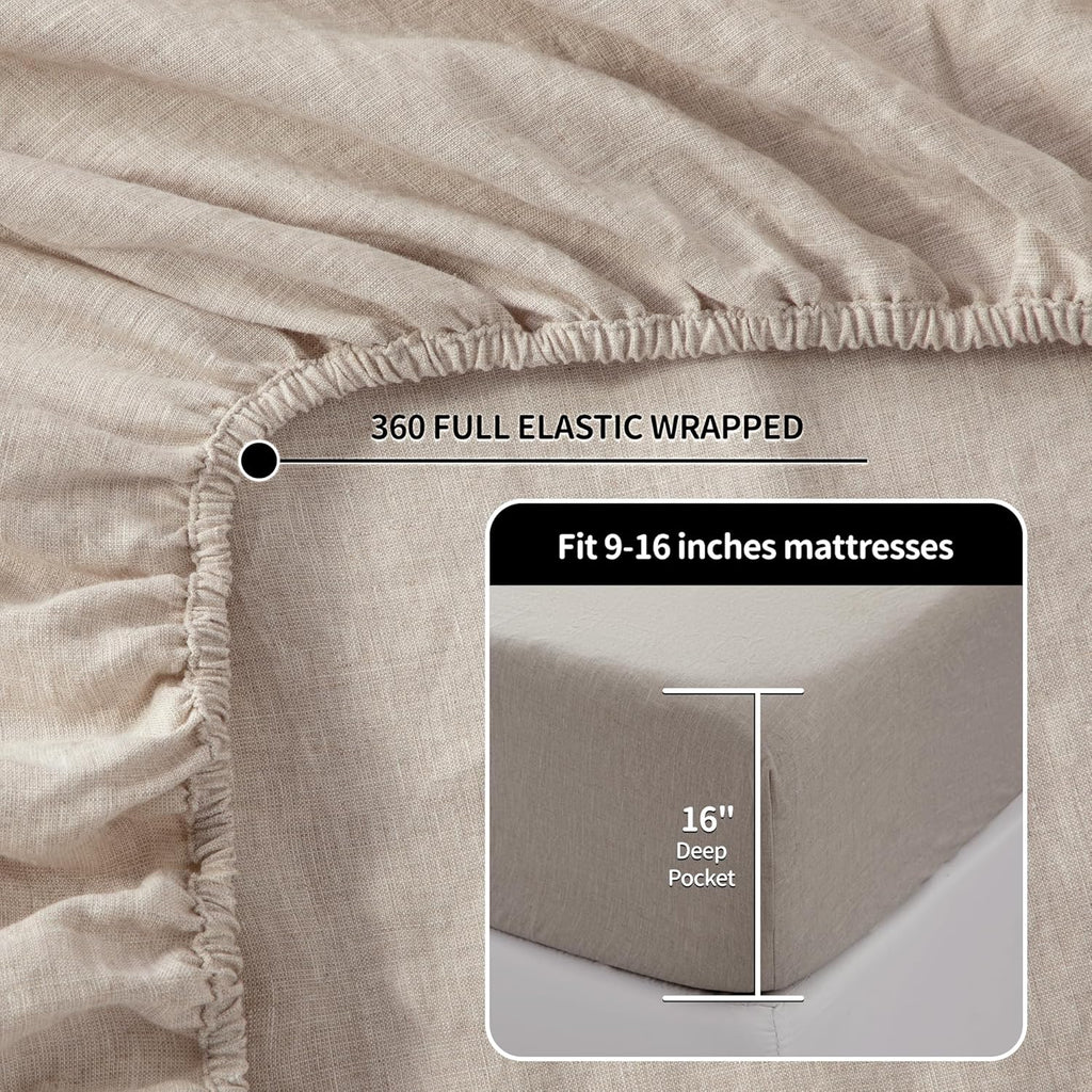 LBRO2M 100% Pure Linen Sheet Set Deep Pocket Up to 16" Bed Sheets Sets, Natural Flax Beddings Soft, Breathable, Comfortable for All Seasons 4 Pcs Sheet Set Queen Size, Linen